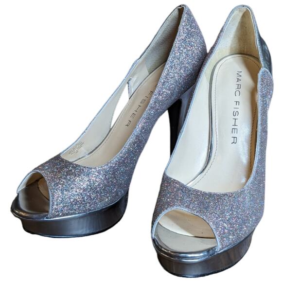 Marc Fisher glitter heels sparkly open toe silver size 8 - Picture 1 of 9